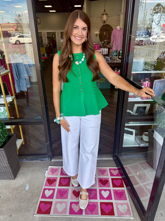 Green Ribbed Button Top