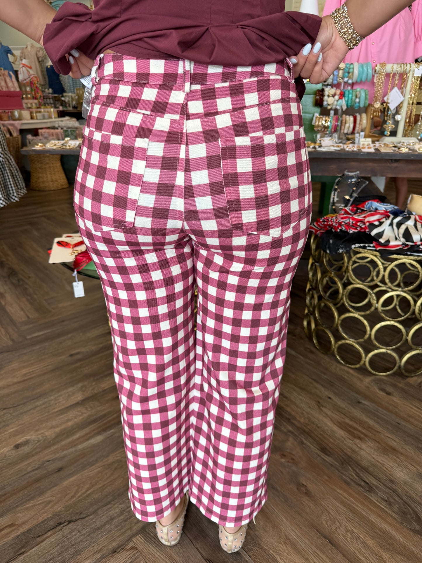 Gingham Check Pants: Burgandy