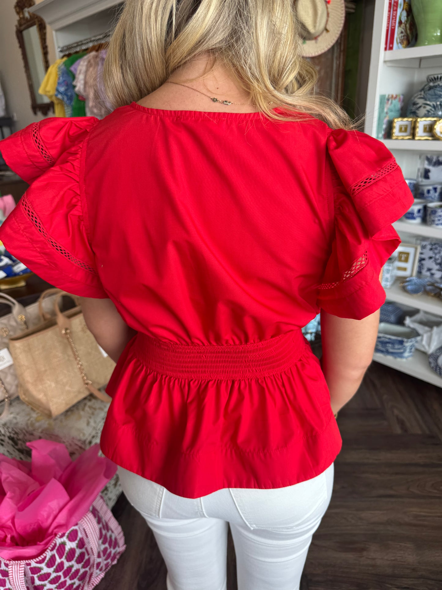 Flutter Sleeve Peplum Top: Red