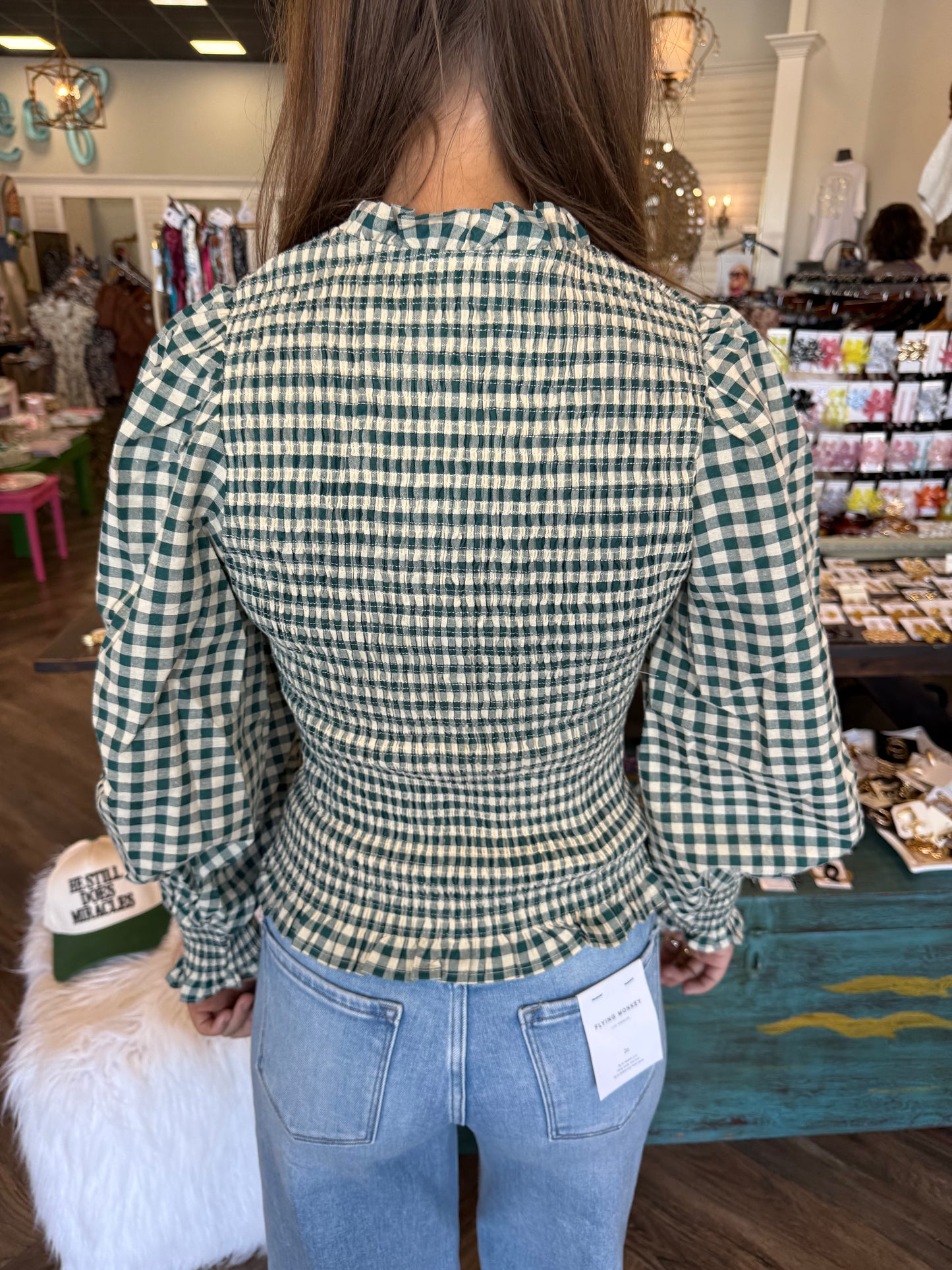 Gingham Smocked Zipper Top: Hunter Green
