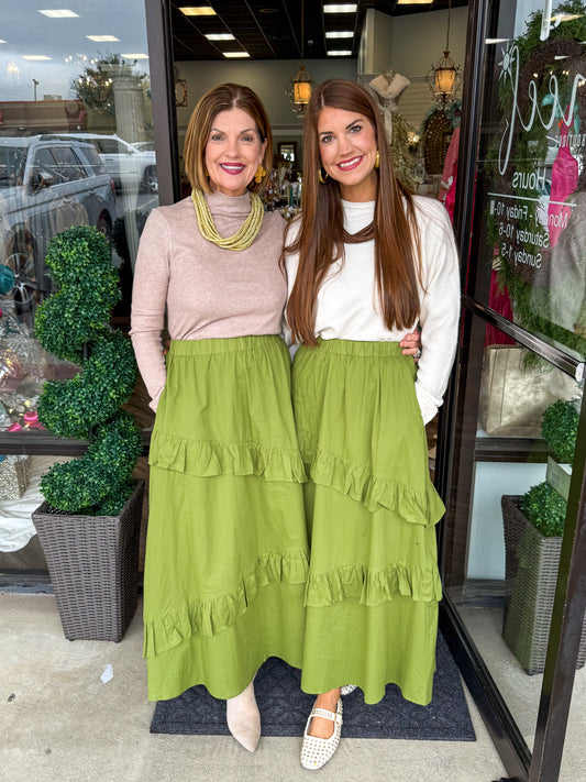 Olive Ruffle Midi Skirt