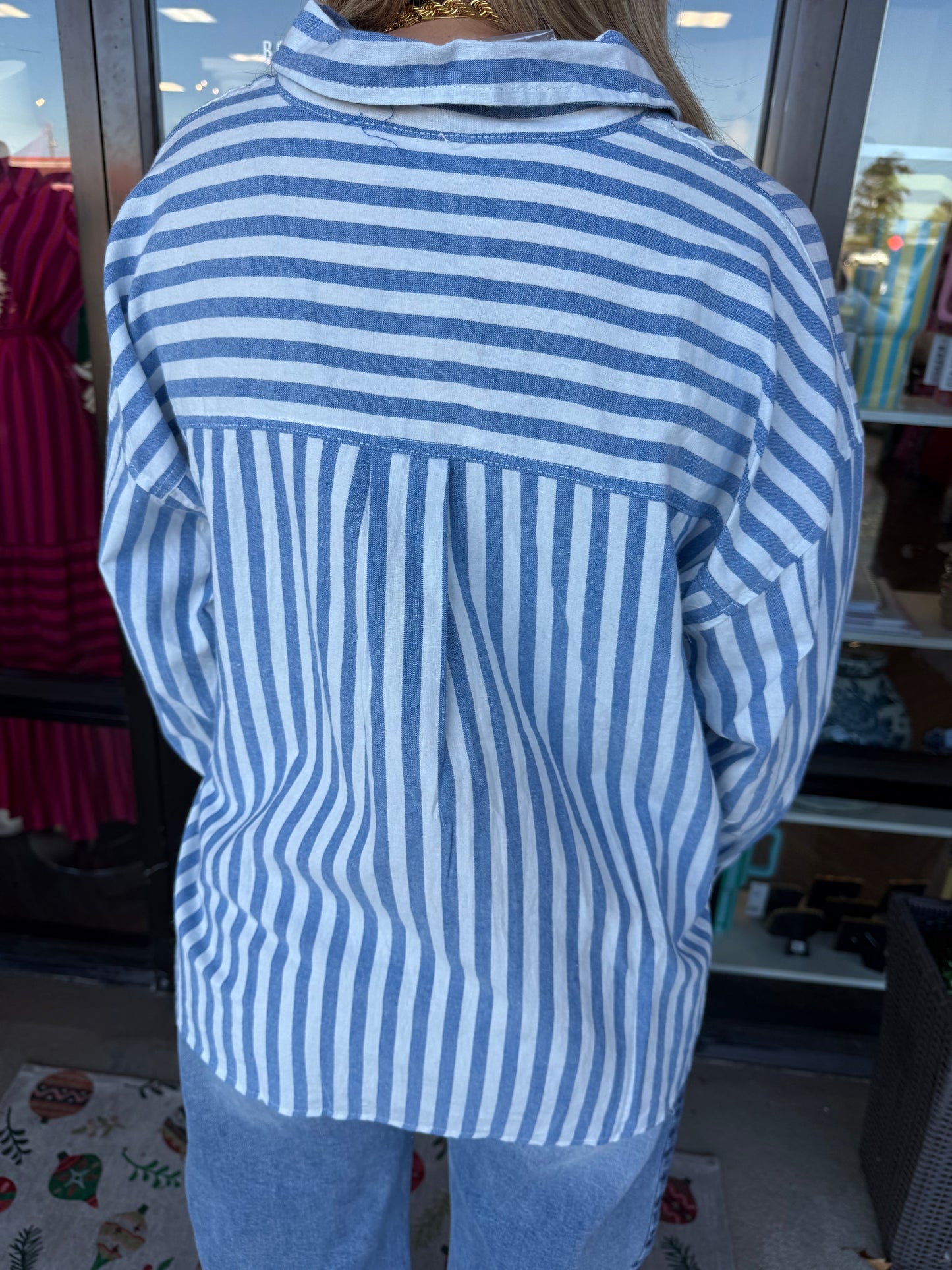 Button Down Dressy Shirt: Blue/White