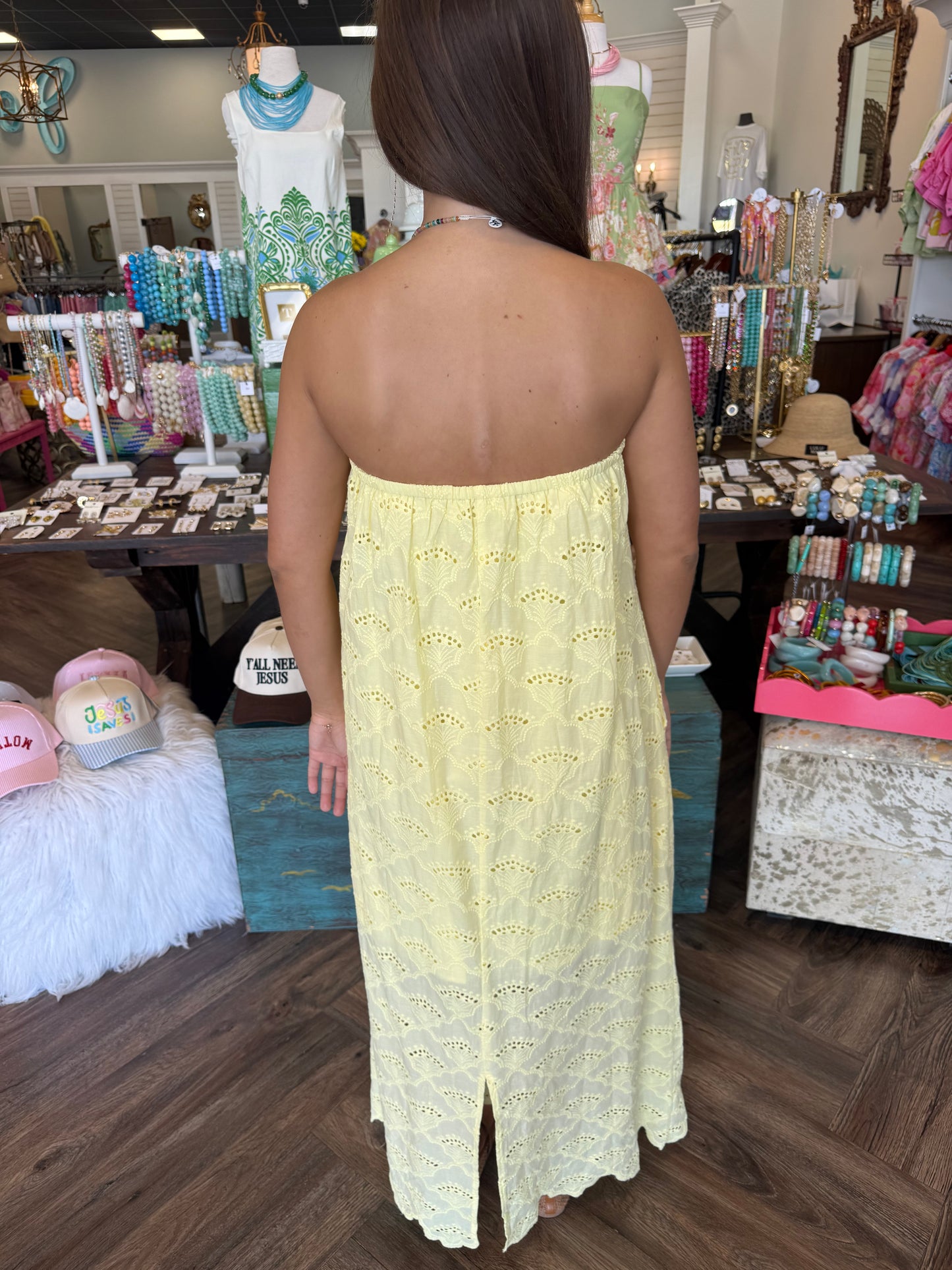 Savannah Strapless Eyelet Maxi Dress: Lemon