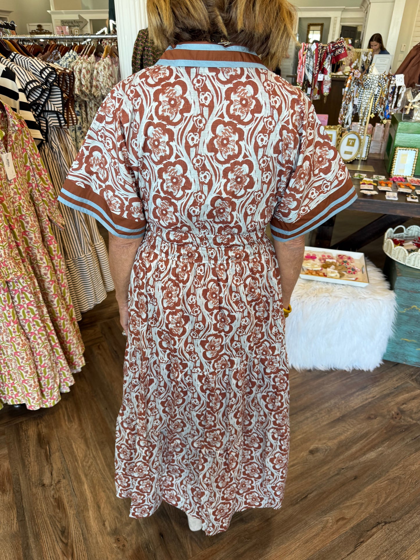 Blue and Brown Midi Dress