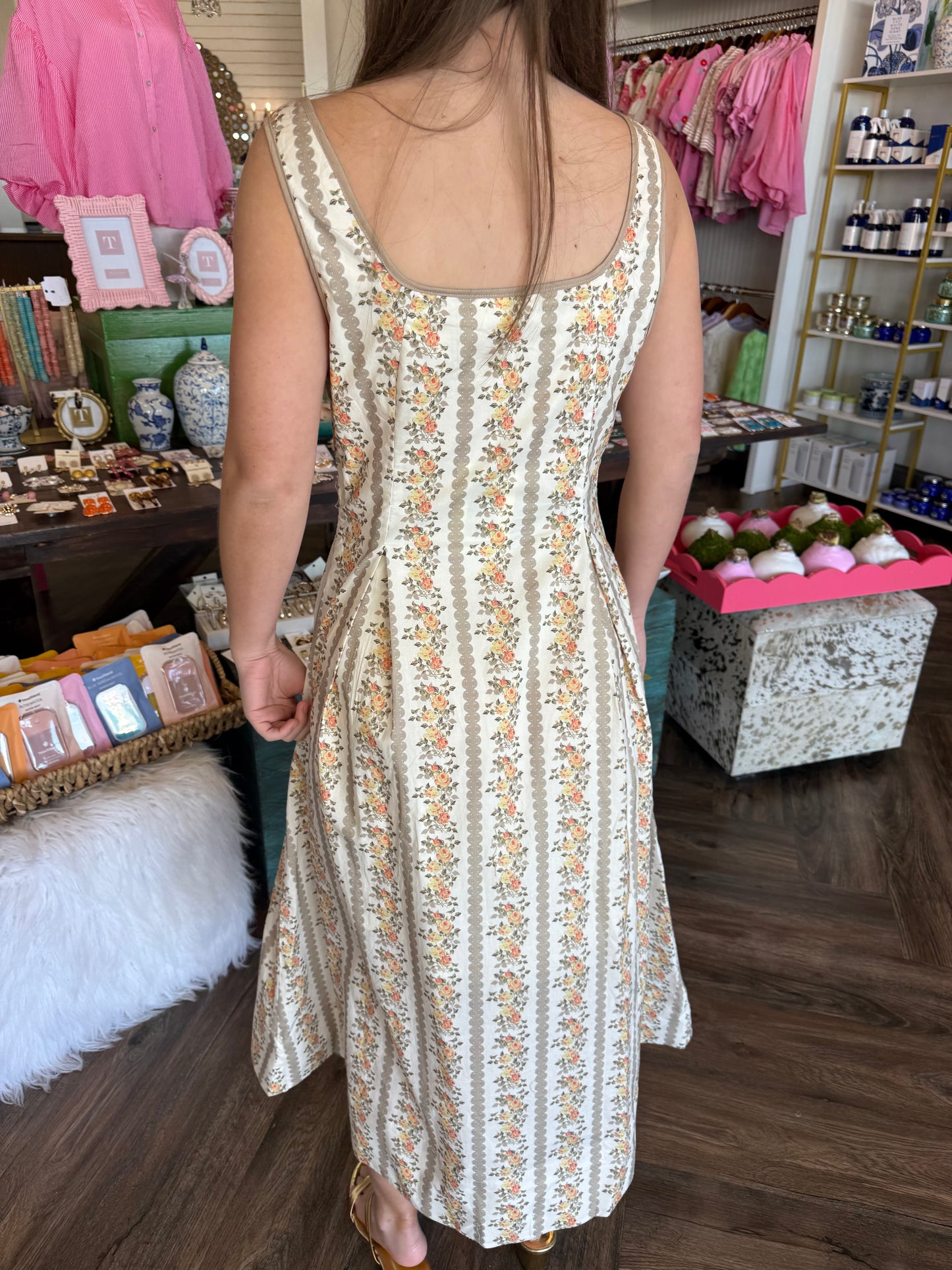 Orange Flower Tan Midi Dress