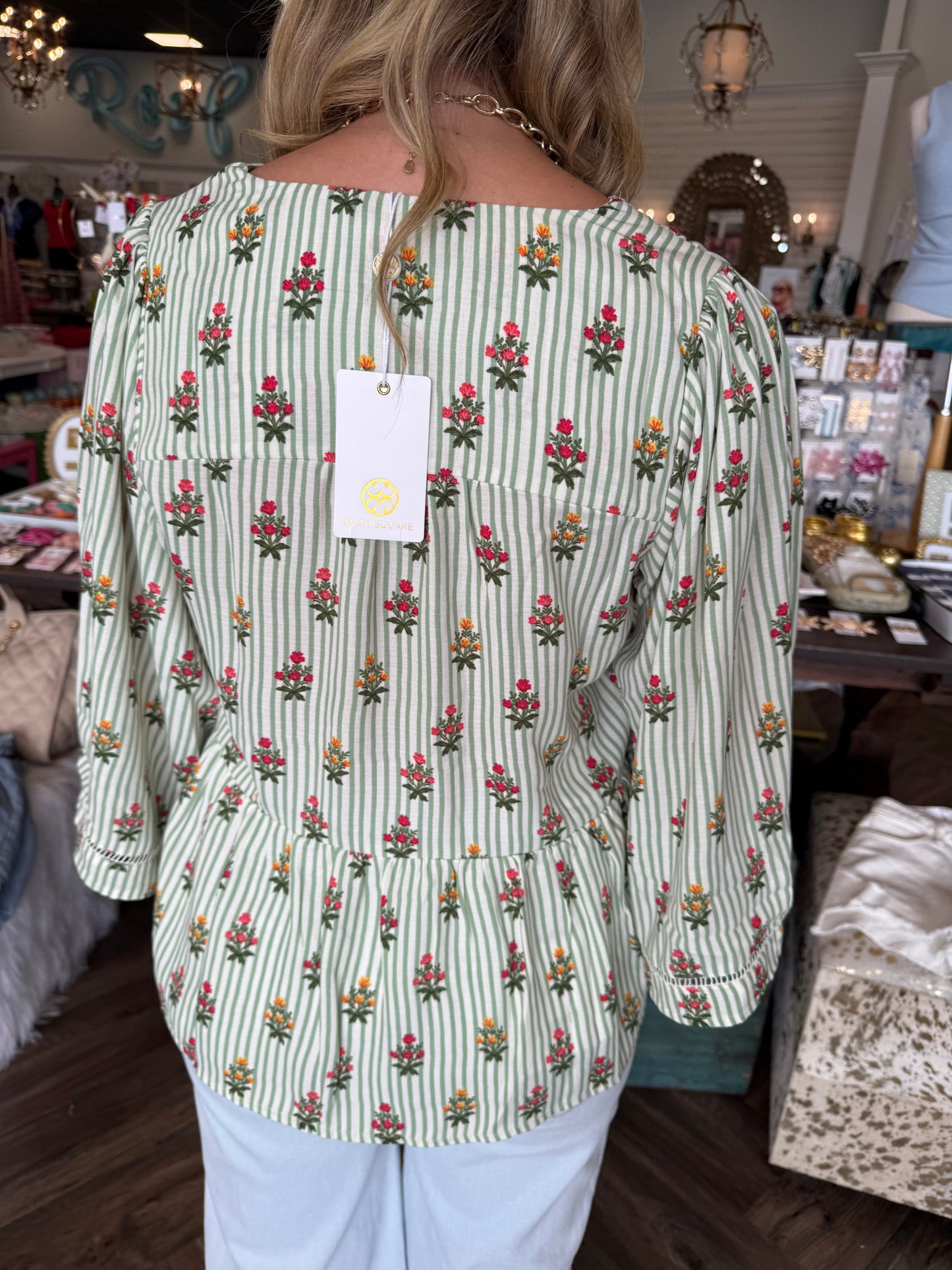 Mary Square Monroe Top: Cottage Stripes Green