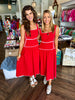 White Stitch Red Midi Dress