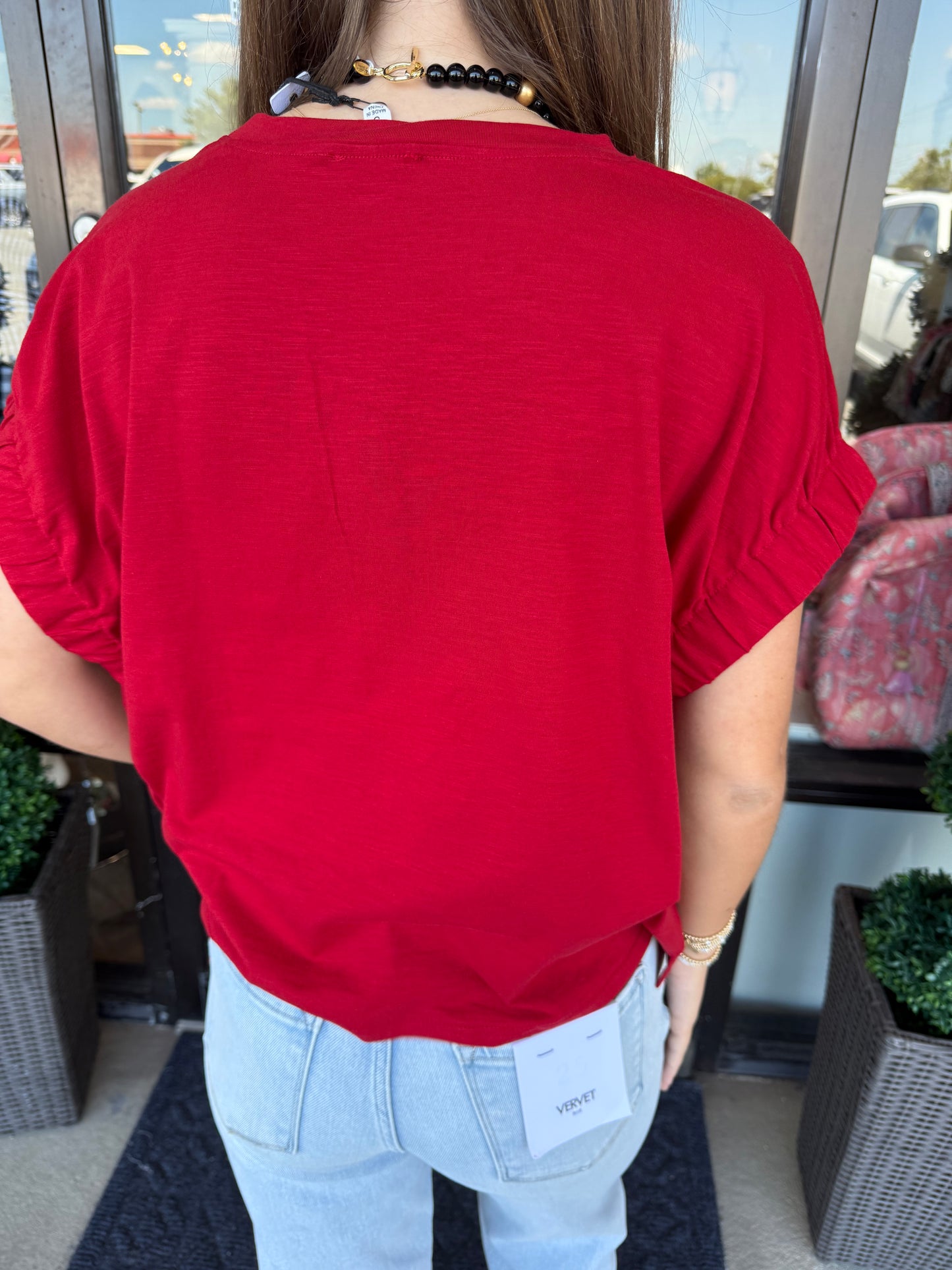 Elastic Sleeve Top: Dark Red