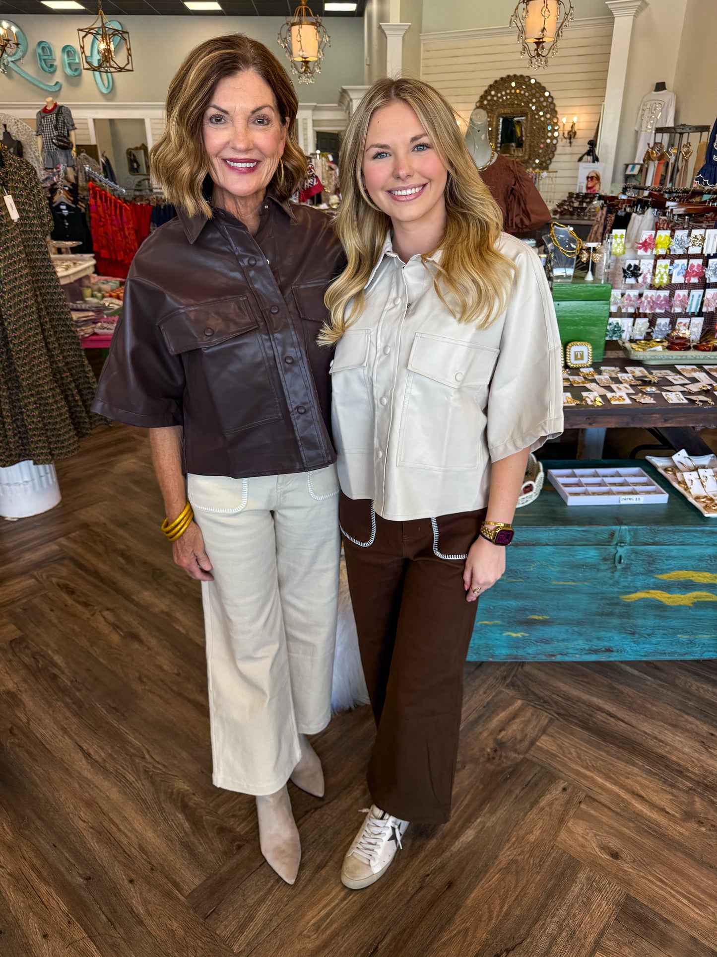 Leather Button Top: Brown