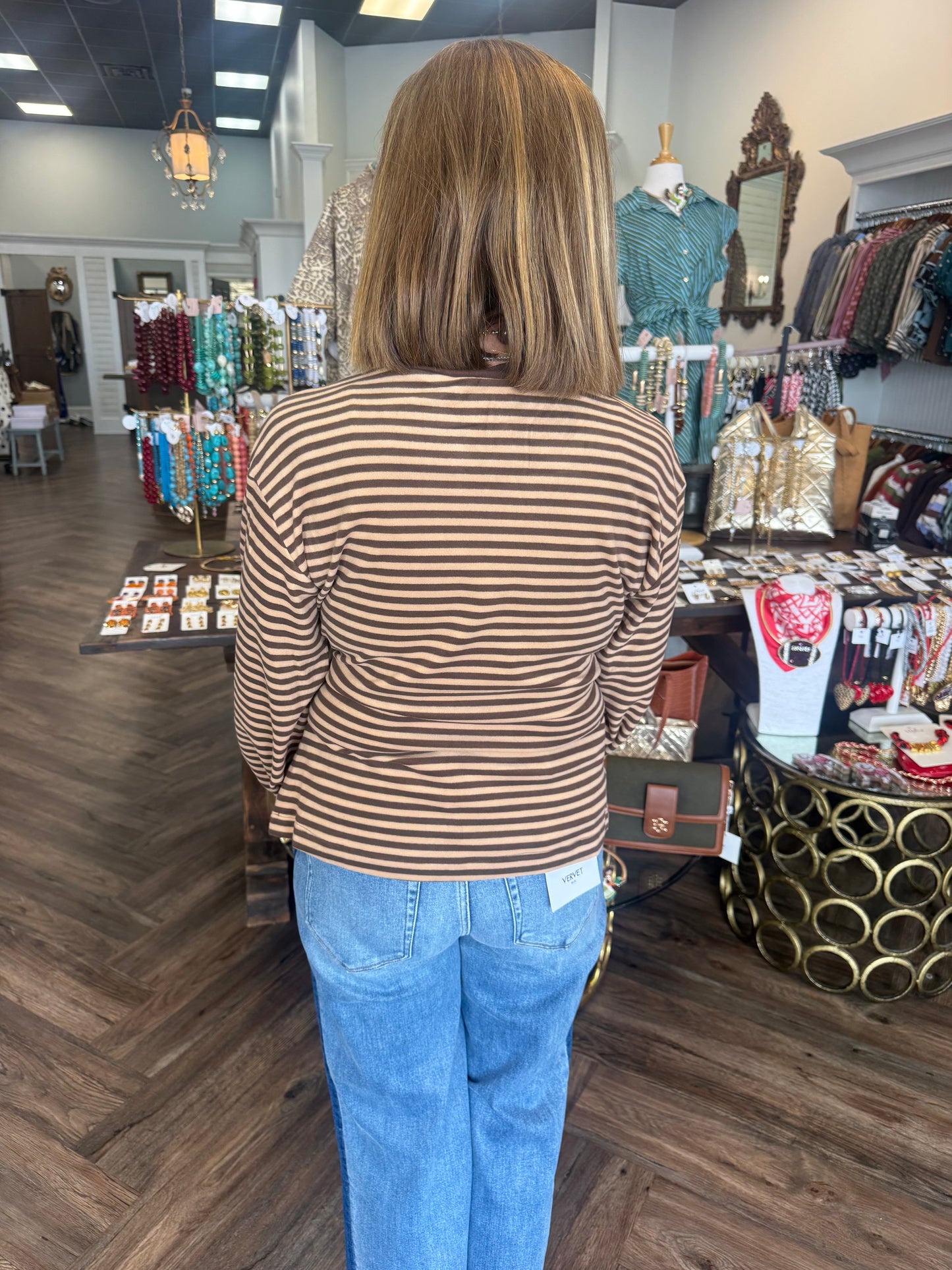 Buttery Stripe Tie Top: Tan/Brown