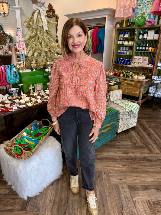 Coral Pintuck Floral Top