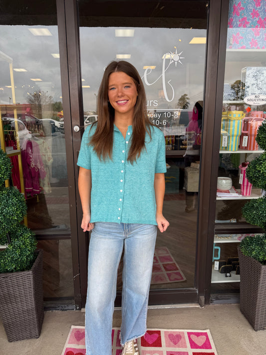 Short Sleeve Cardigan: Aqua