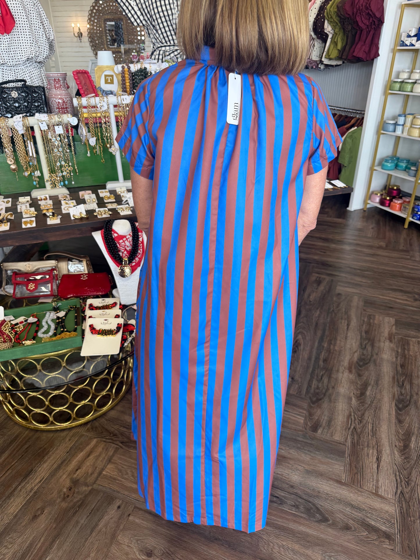 Royal/Brown Stripe Midi Dress