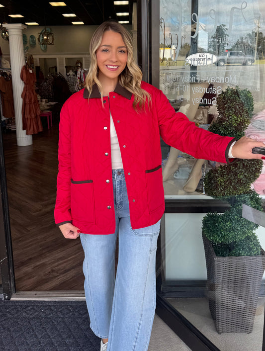 Quilted Collar Jacket: Red