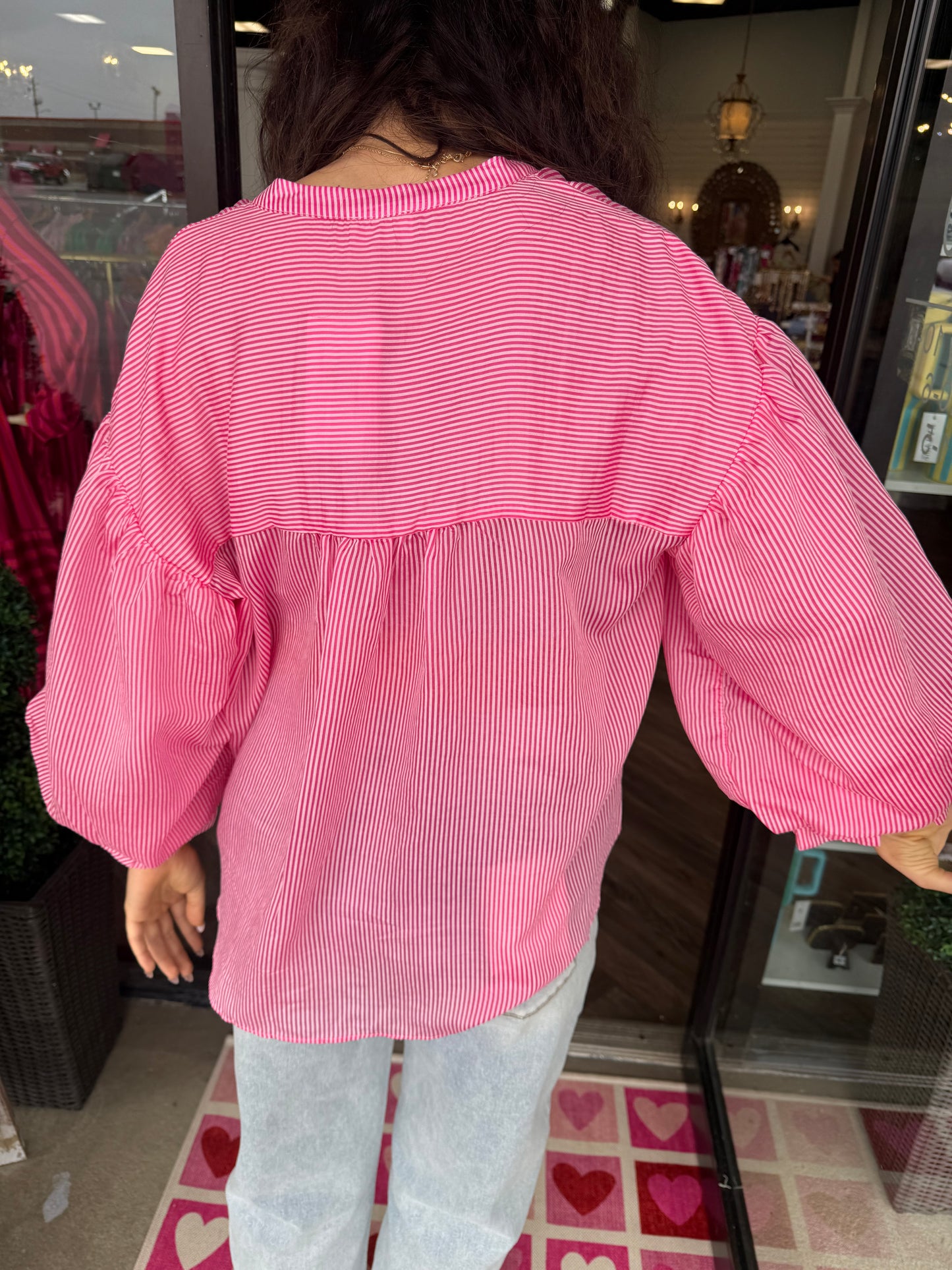 Pinstripe Bubble Sleeve Top: Pink
