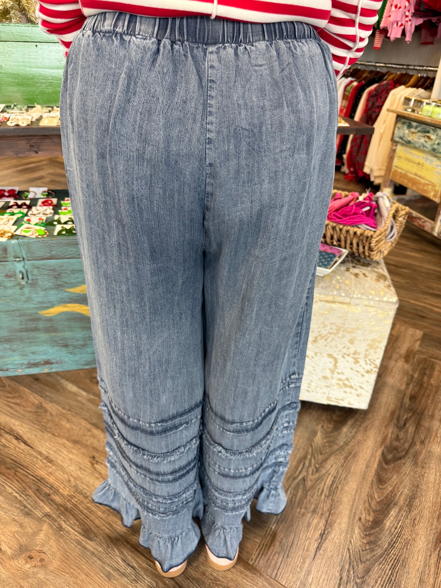 Flared Ruffle Chambray Pants