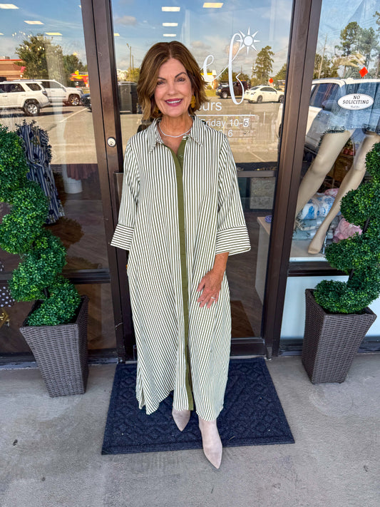 Flowy Striped Midi Dress: Olive