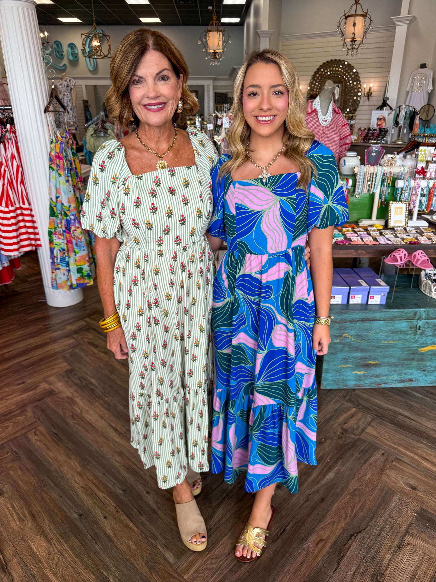Mary Square Alexi Dress: Cottage Stripes Green