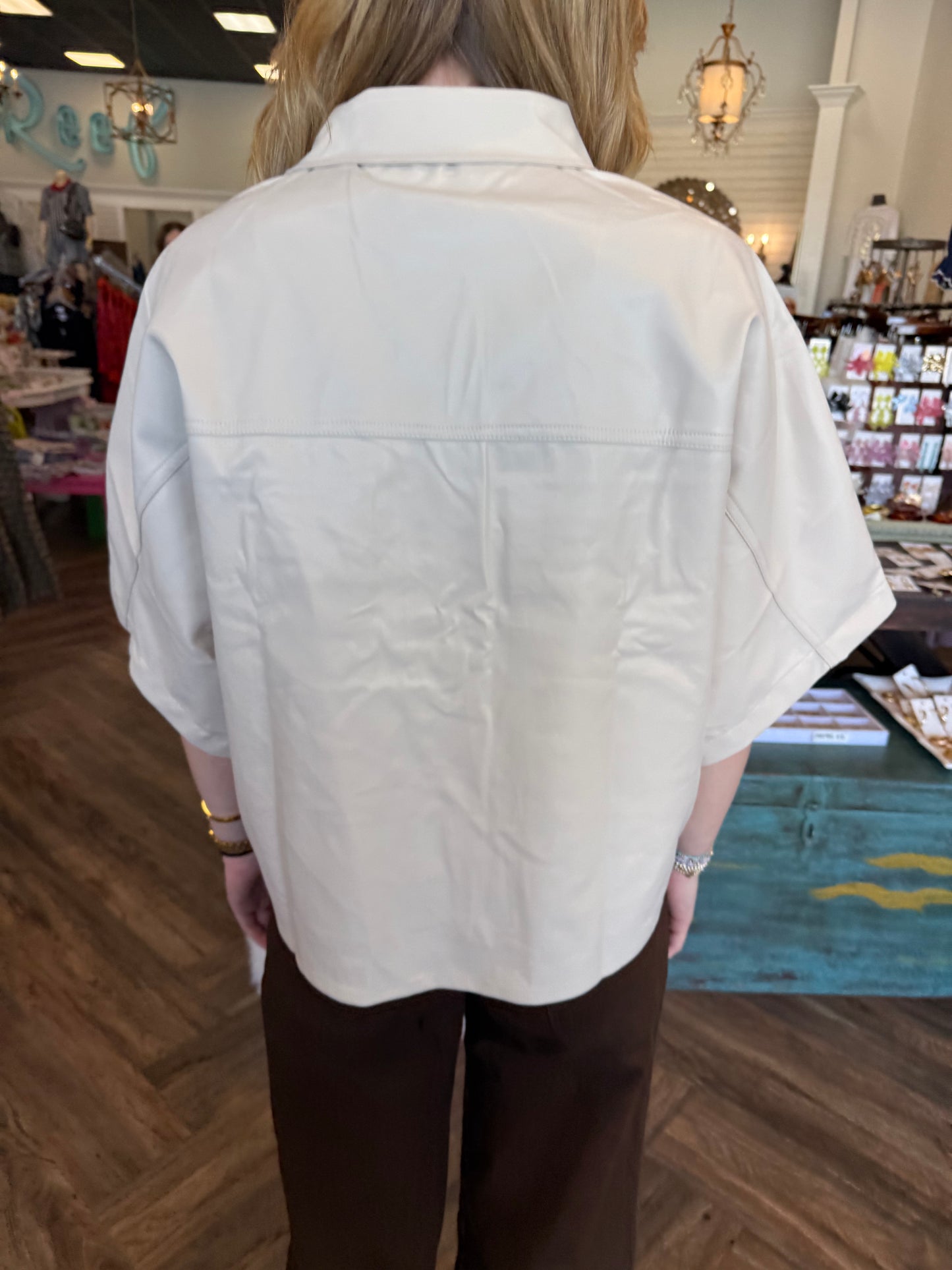 Leather Button Top: Taupe