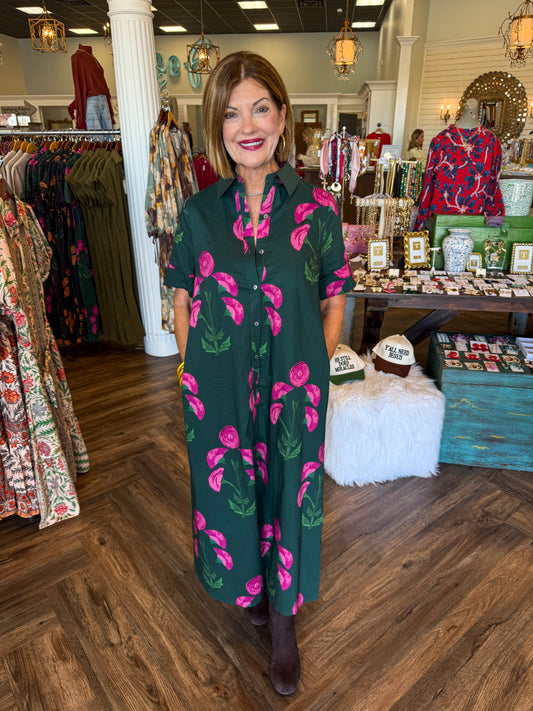 Hunter Green Petal Midi Dress