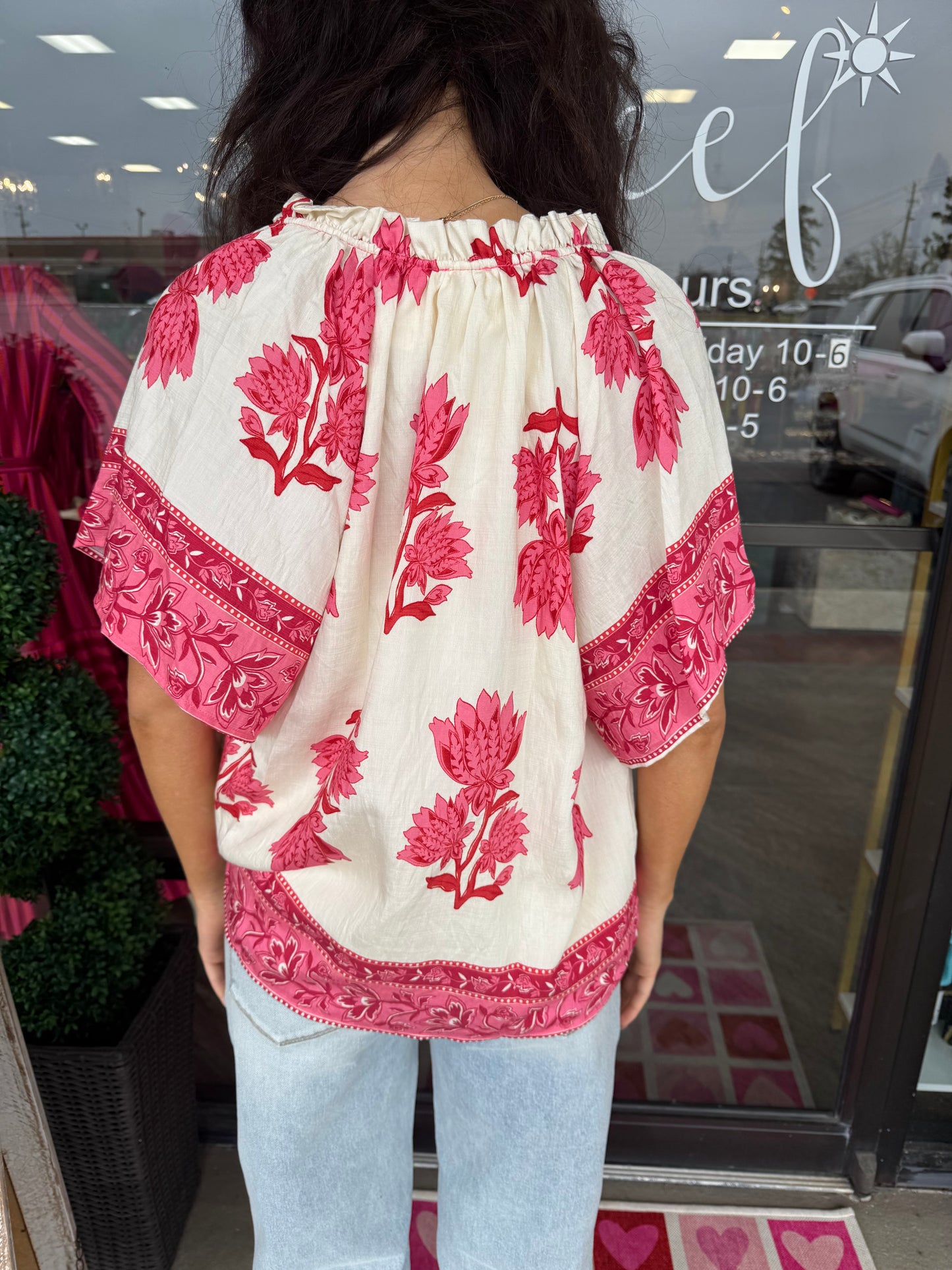 Floral Bordered Blouse: Pink