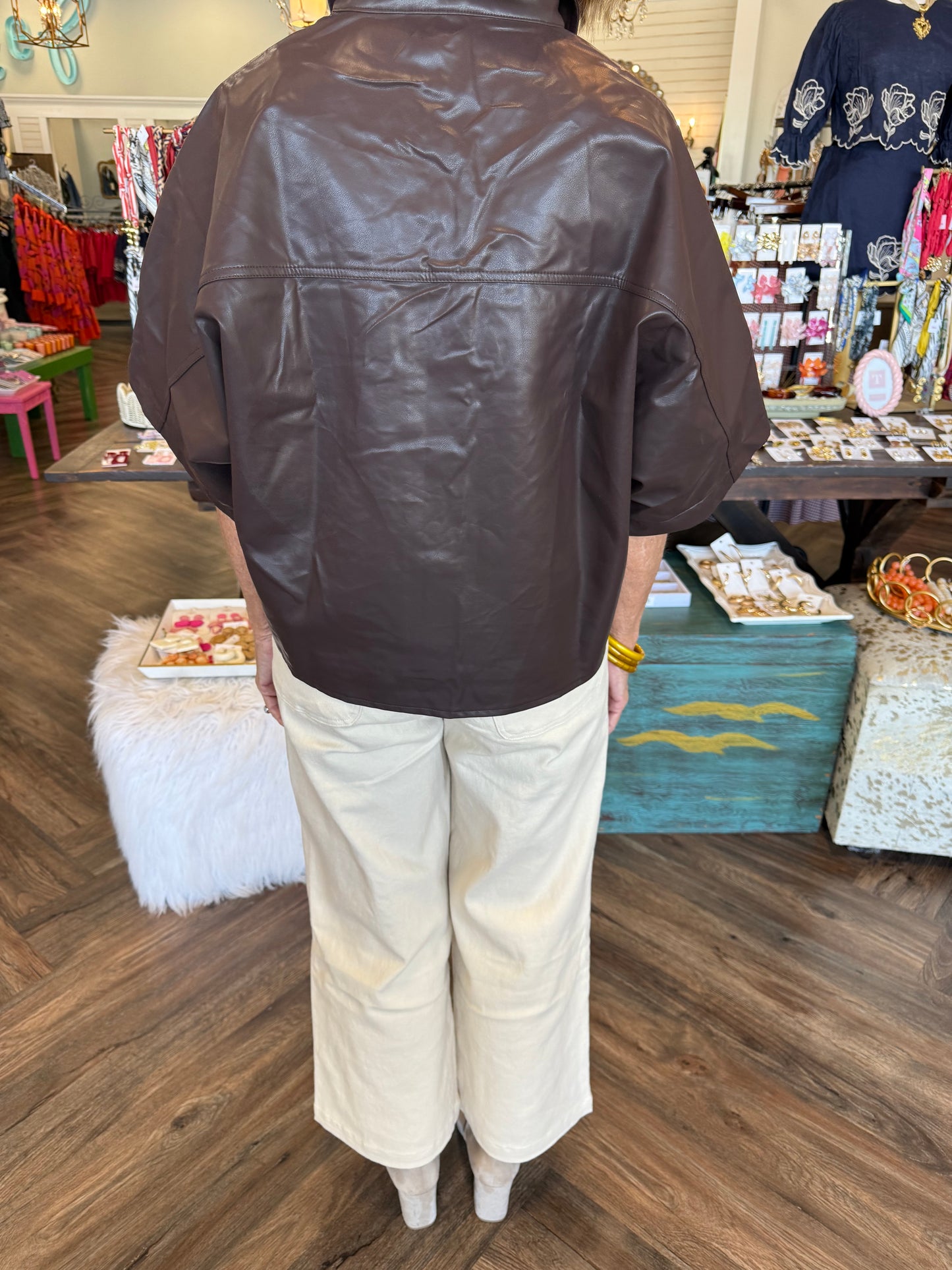 Leather Button Top: Brown