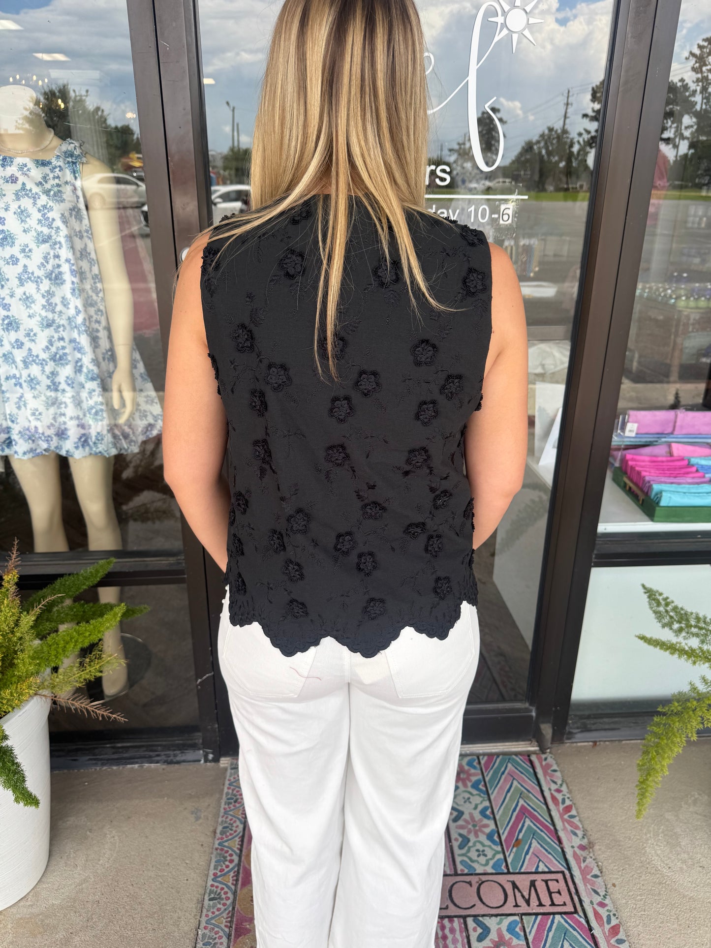 Floral Tie Applique Top: Black