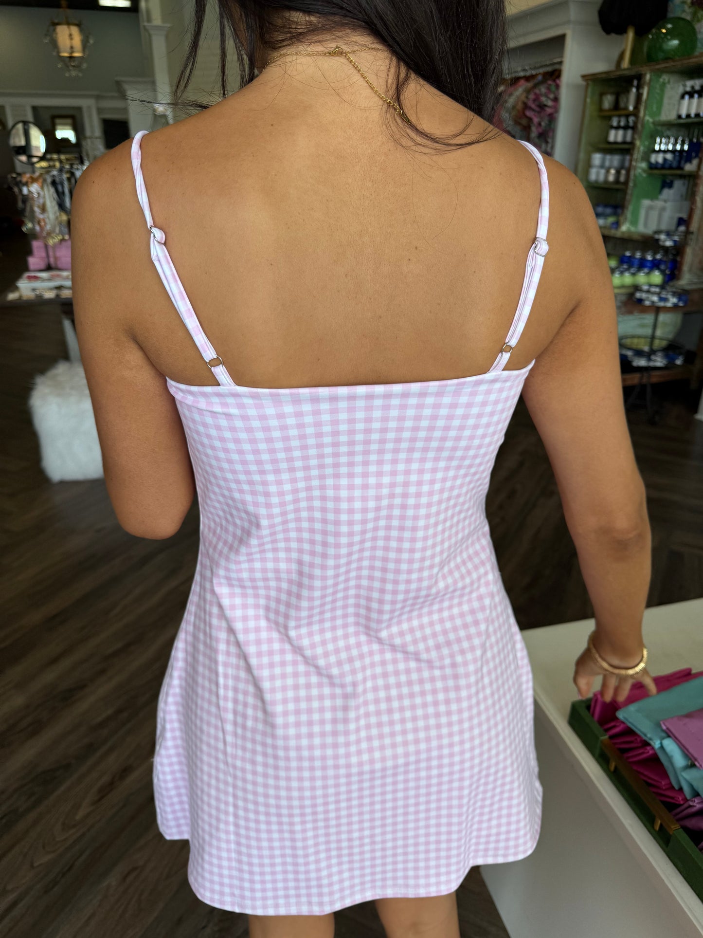 Gingham Romper Dress: Pink
