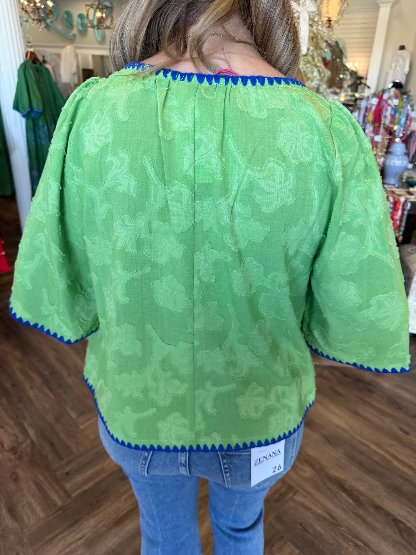 Green Contrast Embroidery Top