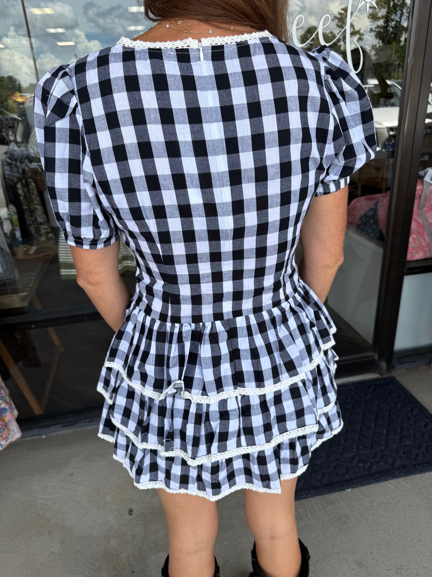 Gingham Romper Dress: Black