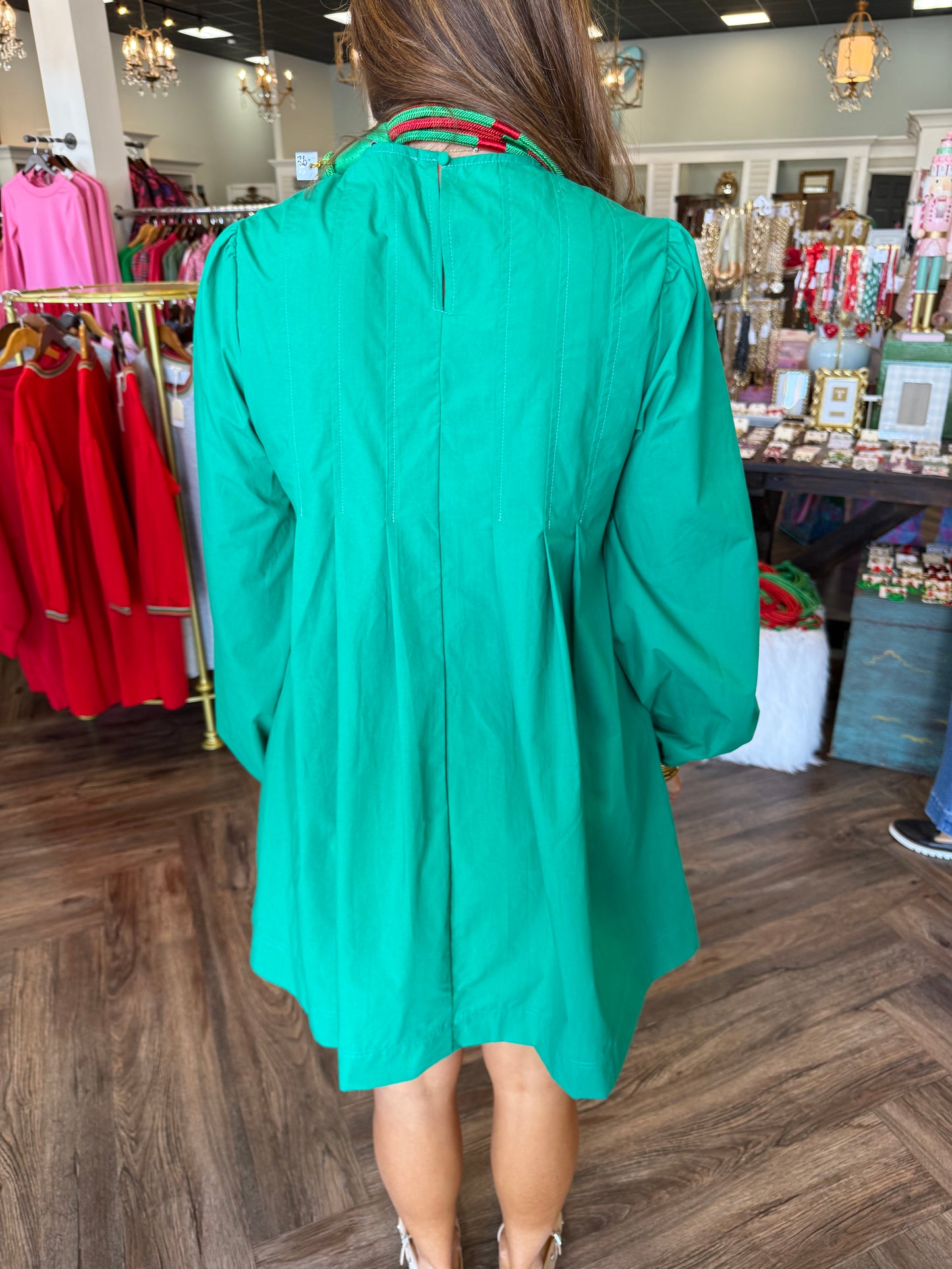 Long Sleeve Pintuck Mini Dress: Green