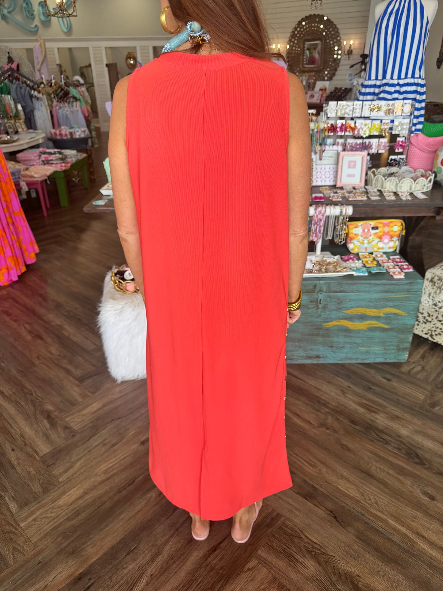 Gold Button Detail Midi Dress: Coral