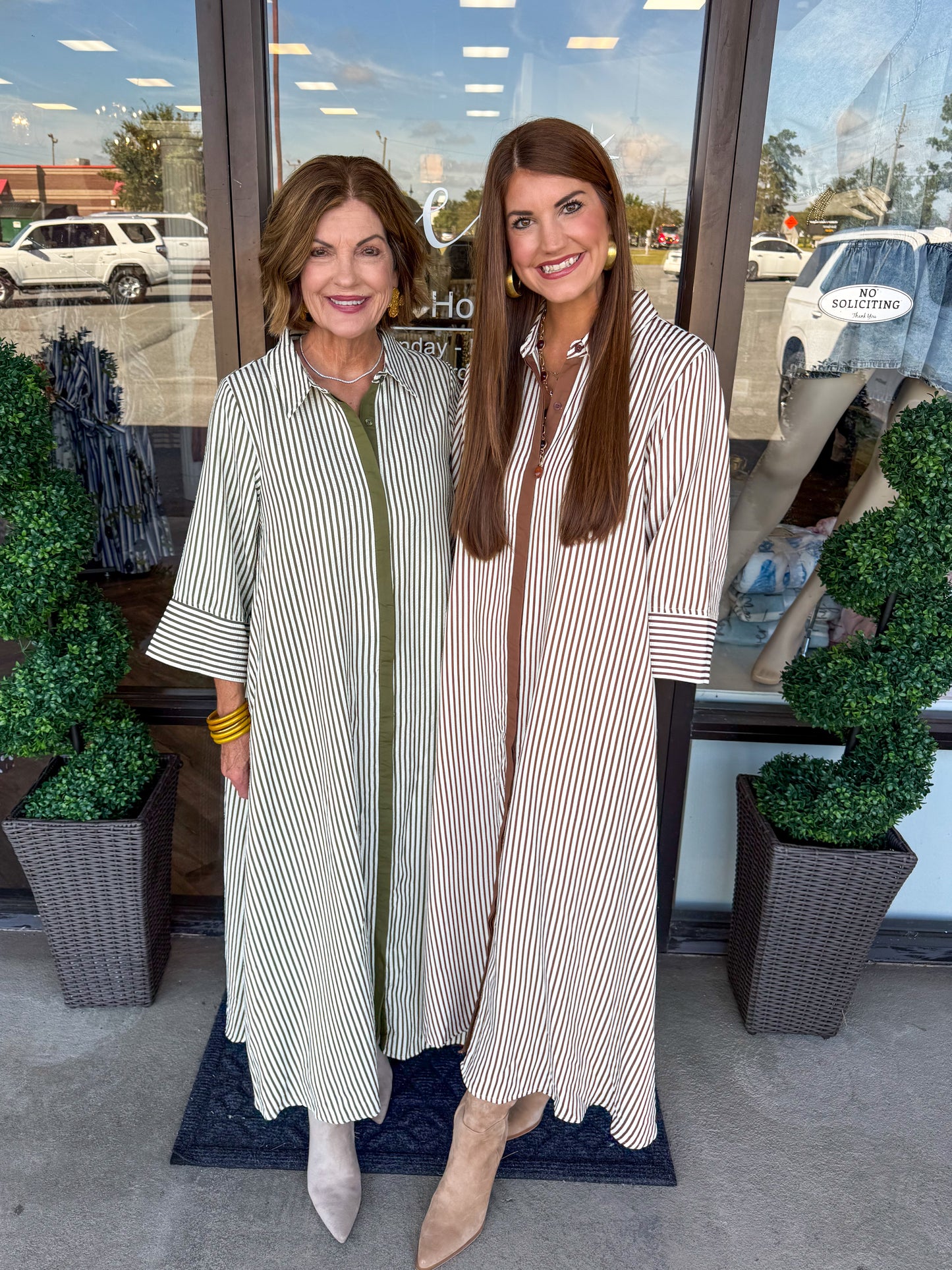 Flowy Striped Midi Dress: Olive