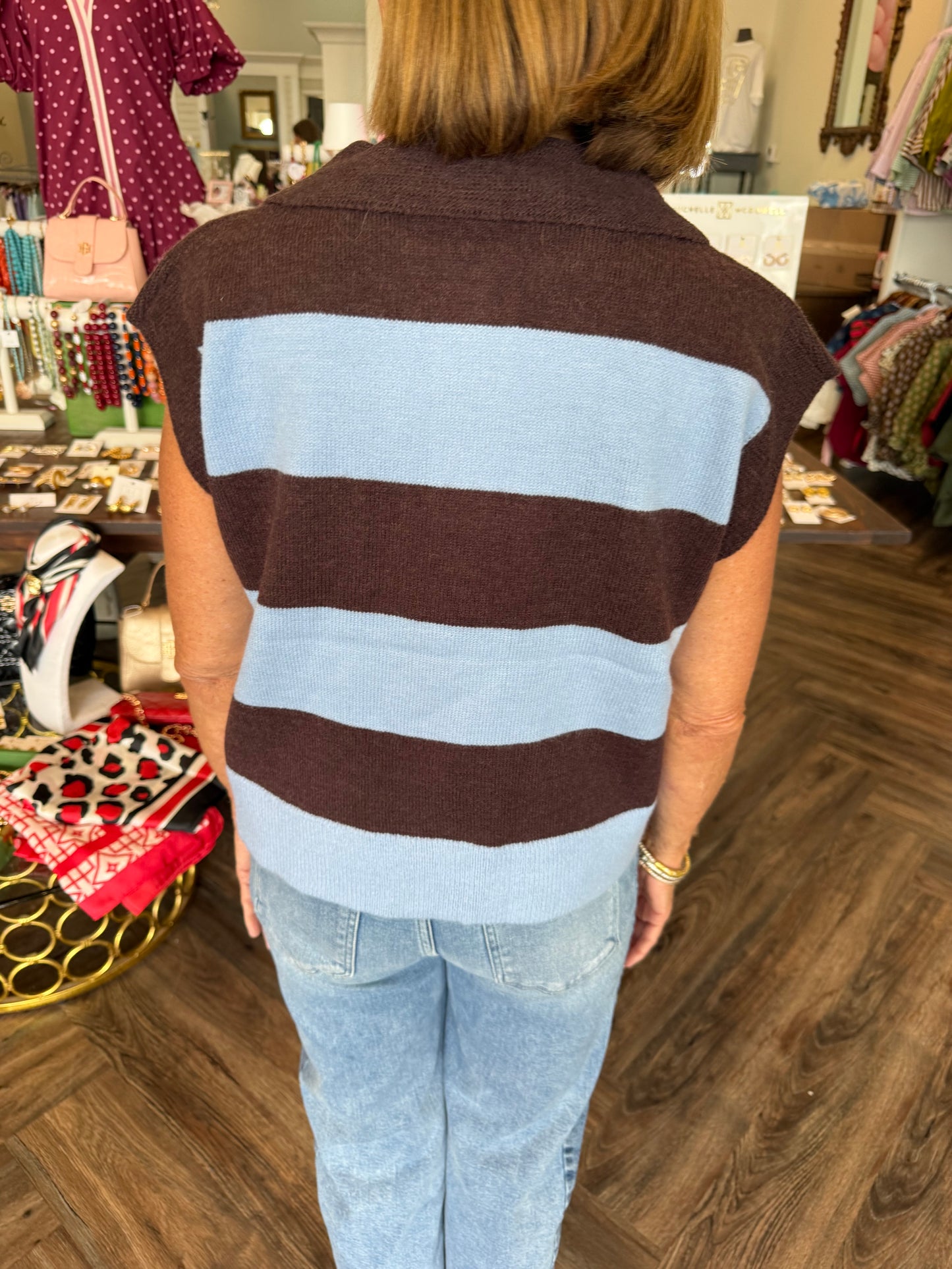 Blue and Brown Short Sleeve Sweater