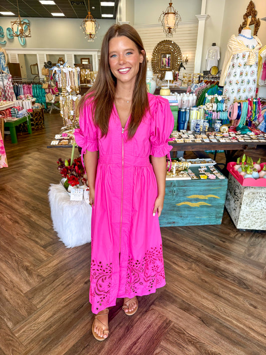 Eyelet Zipper Dress: Pink