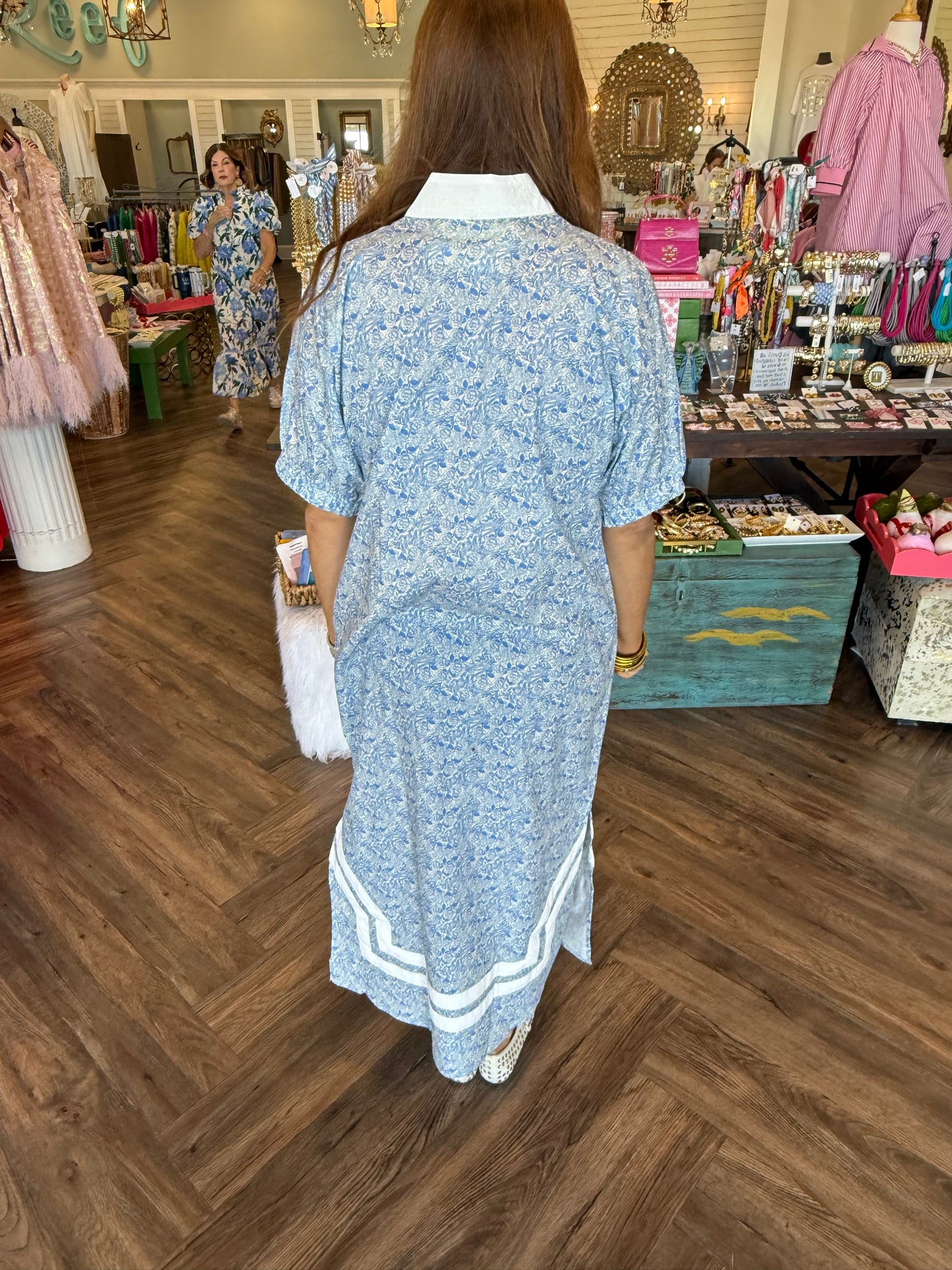 White Border Blue Floral Midi Dress