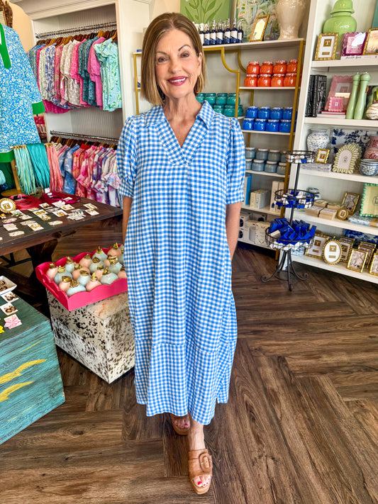 Charming Gingham Midi Dress: Blue