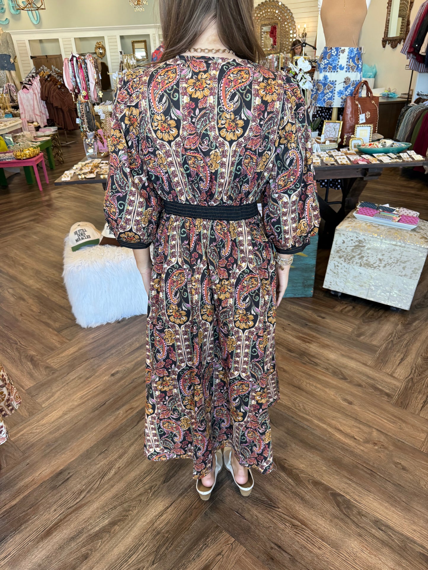 Floral Paisley Zip Midi Dress: Black