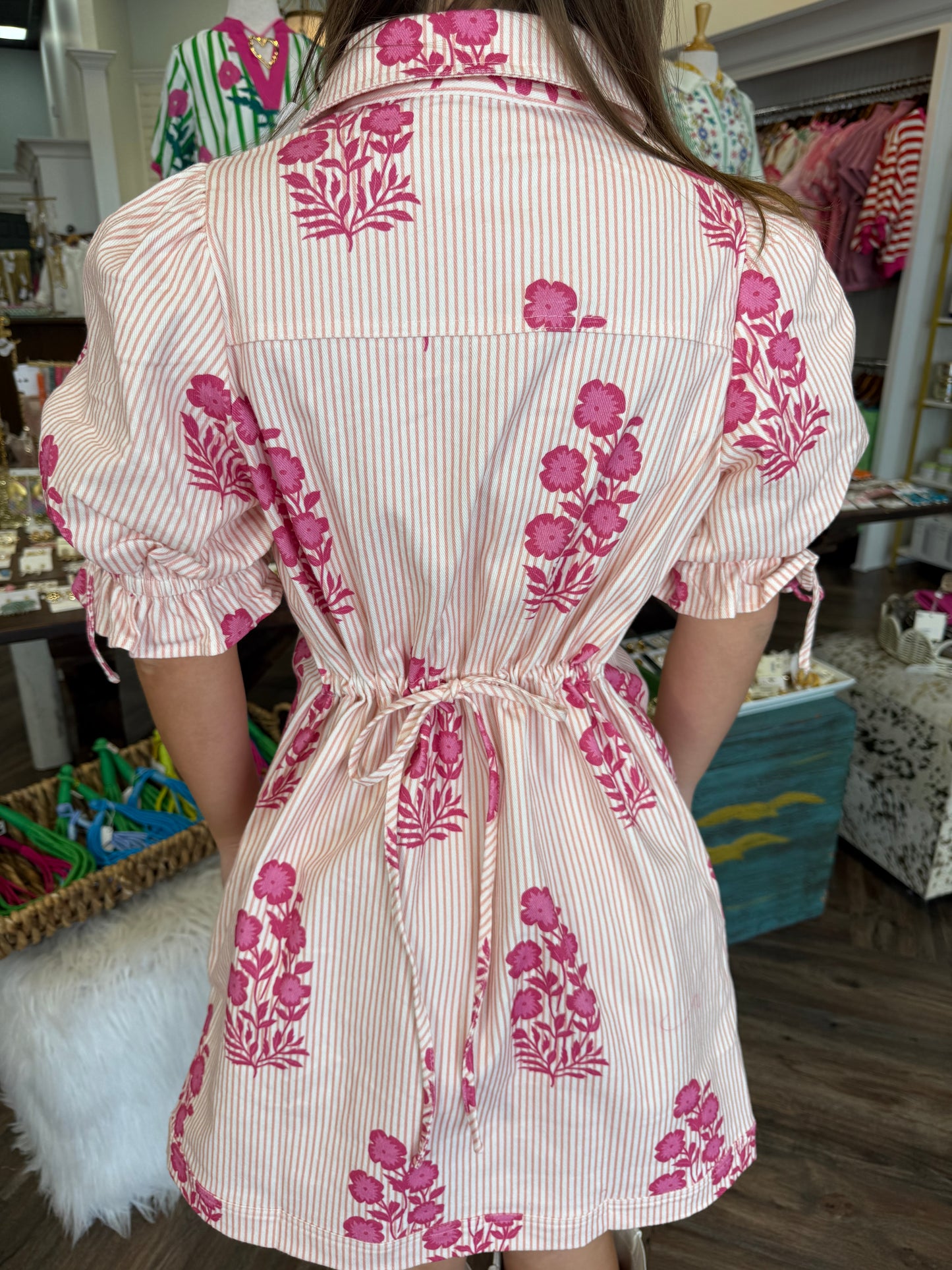 Stripe Floral Tie Dress: Pink