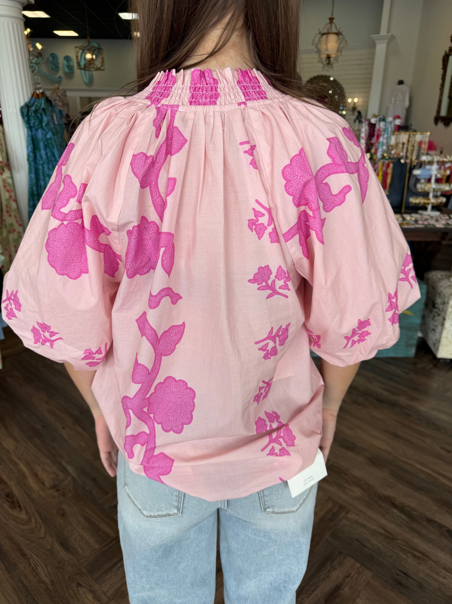Smocked Floral Top: Pink