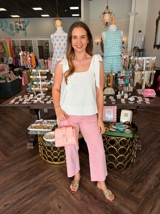 Scoop Neck Bow Shoulder Top: White