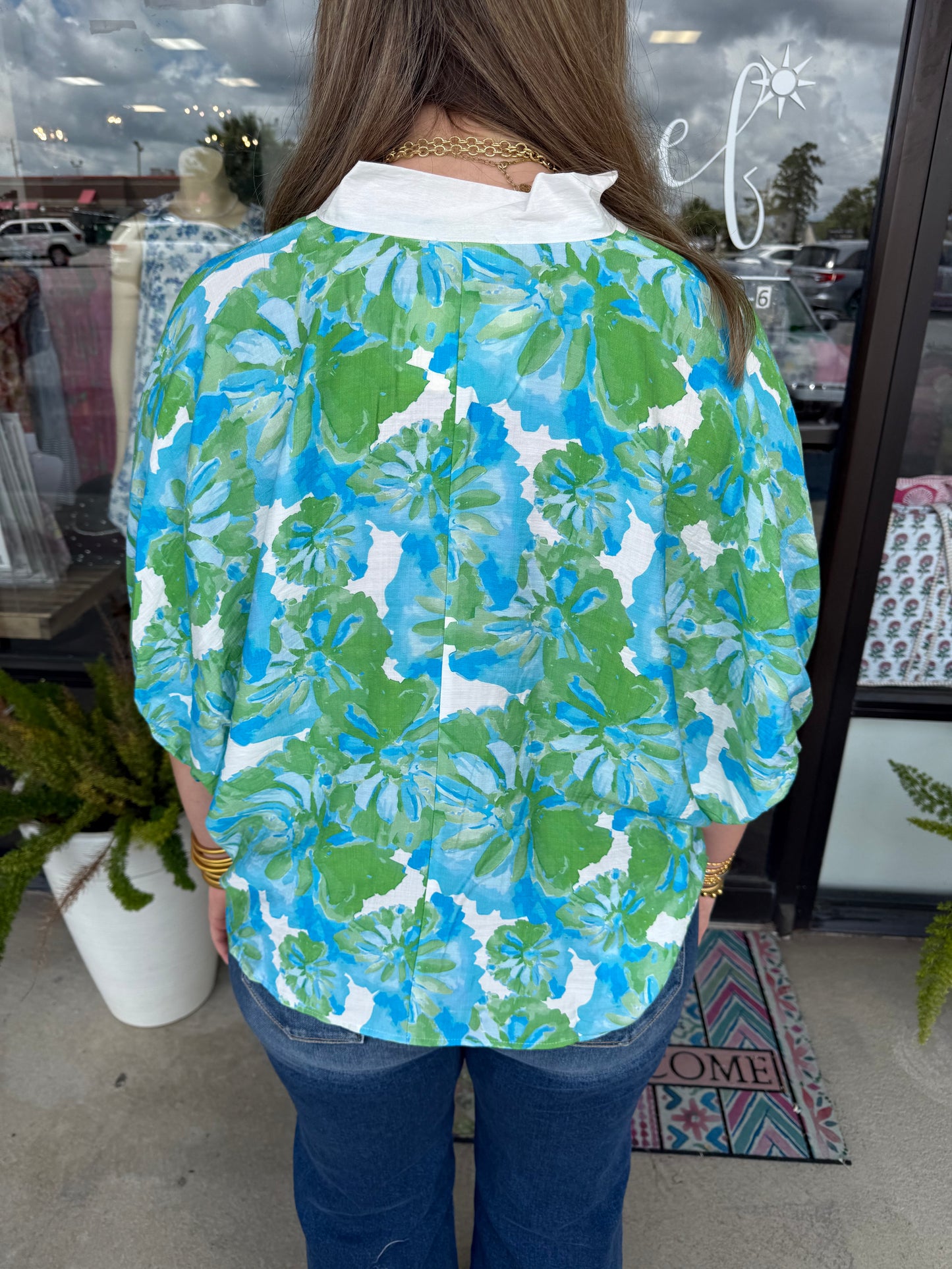 Blue Green Watercolor Floral Blouse