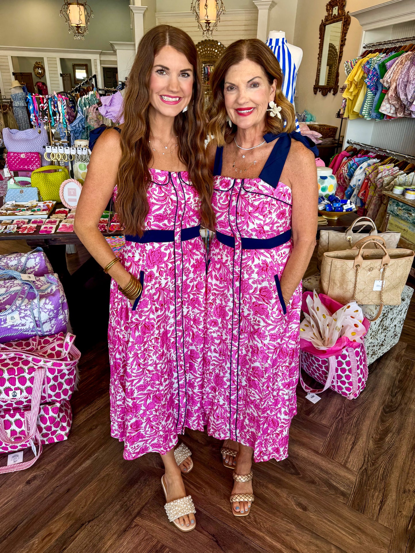 Pink and Navy Design Midi Dress