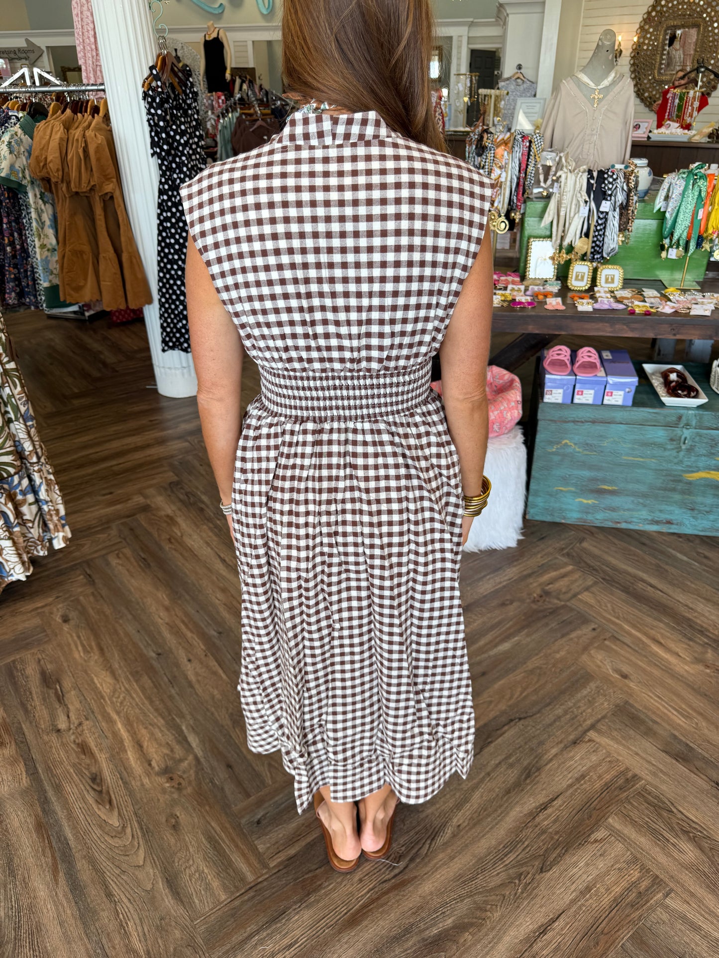 Gingham Zipper Midi Dress: Brown