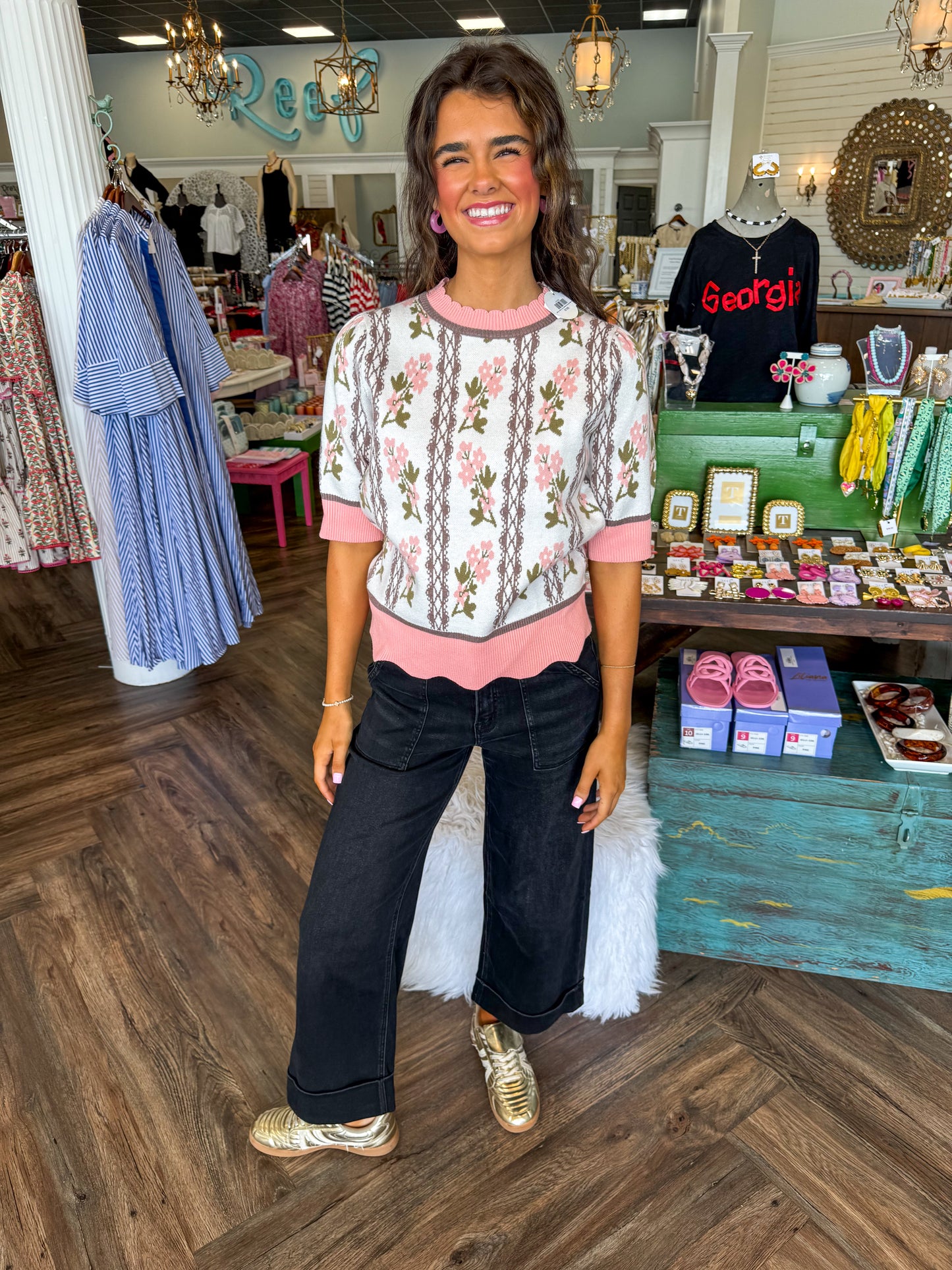 Scalloped Floral Sweater Top: Cream