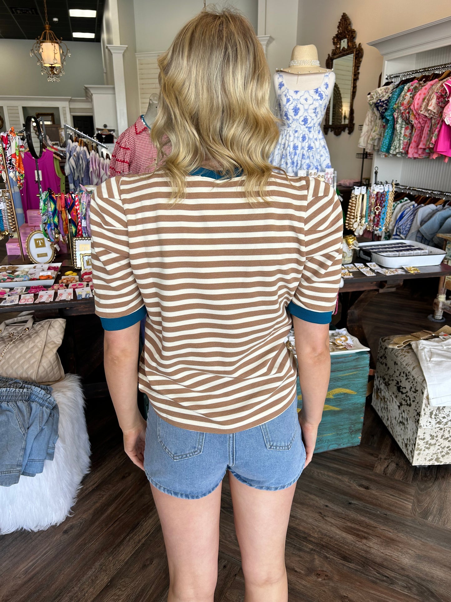 Tan Striped Contrast Top