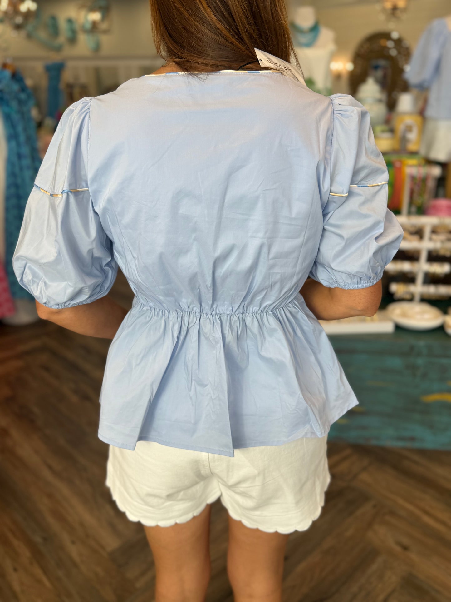 Piping Peplum Top: Lt Blue