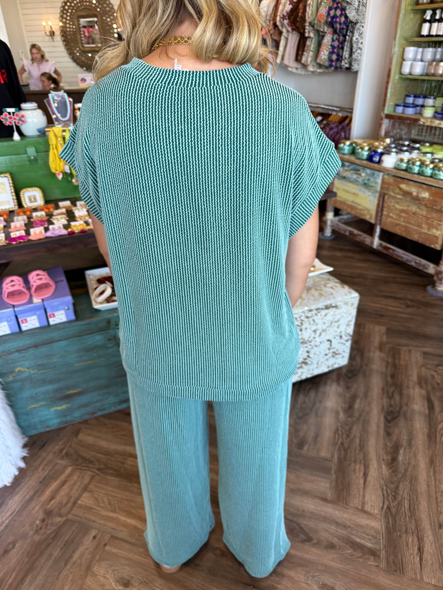 Ribbed Pant Set: Teal