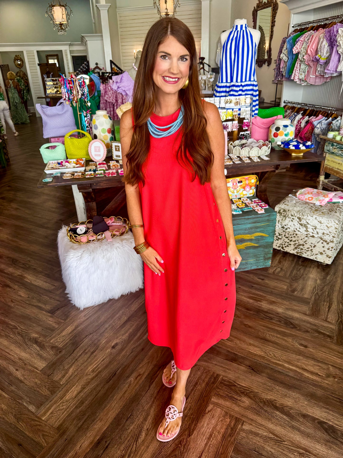 Gold Button Detail Midi Dress: Coral