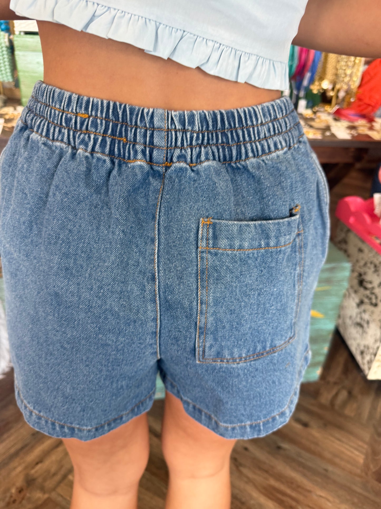 Medium Wash Smock Denim Shorts